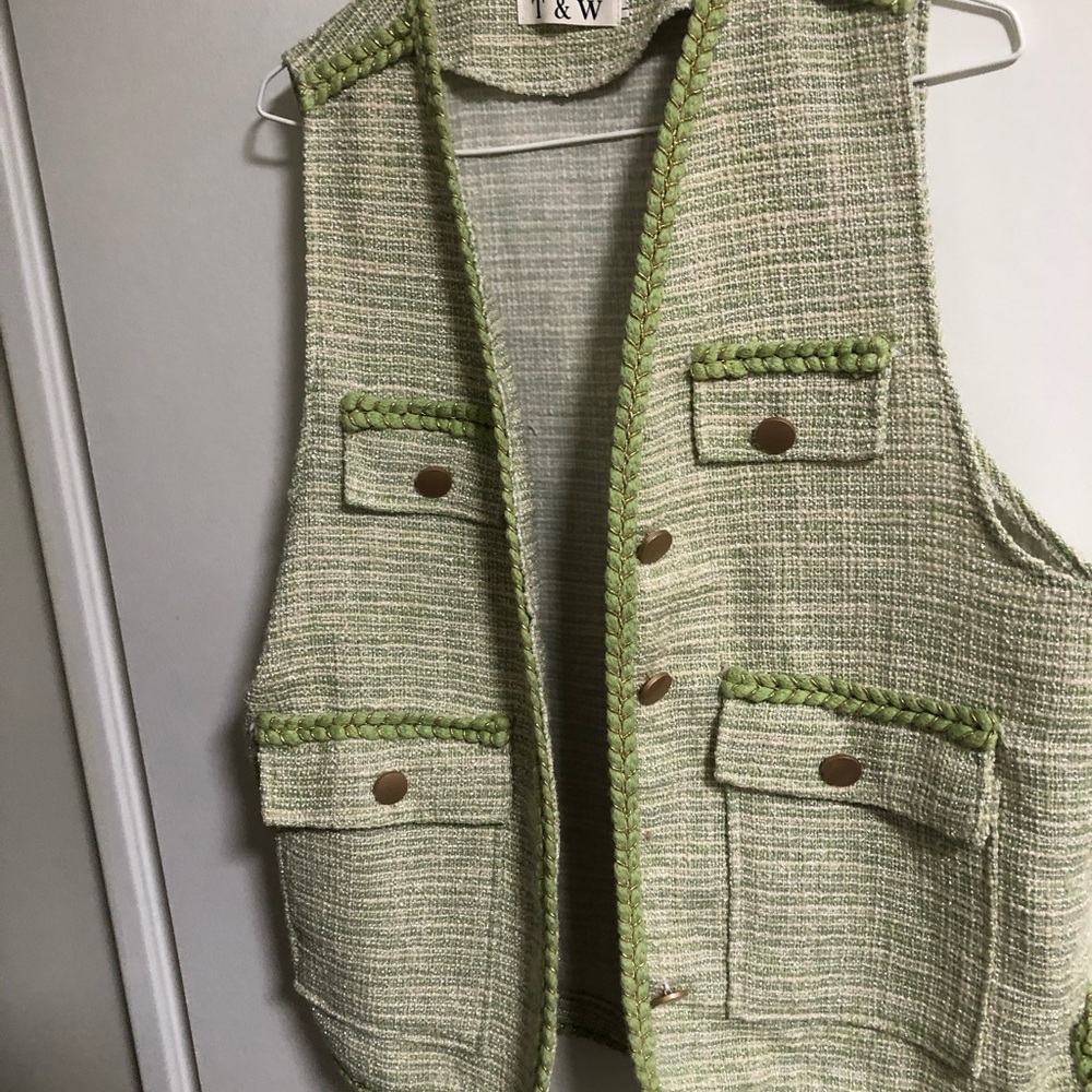 Light Green Braided Trim Tweed Vest